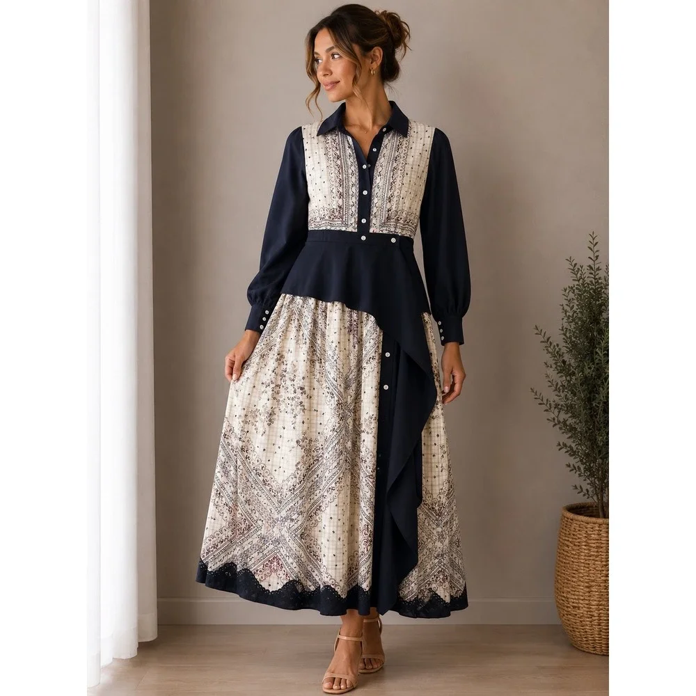 NNA ENJOY Maxi Dress Small Boho Modest Navy Mixed Print Asymmetrical Peplum - Picture 11 of 11